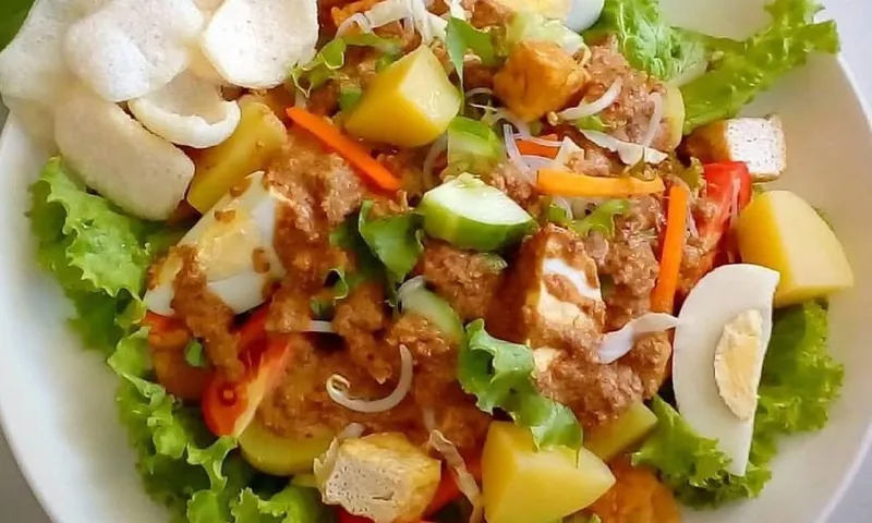 Indonesian-style gado-gado platter with tofu, egg wedges, potatoes, lettuce, vegetables, crackers and thick peanut sauce
