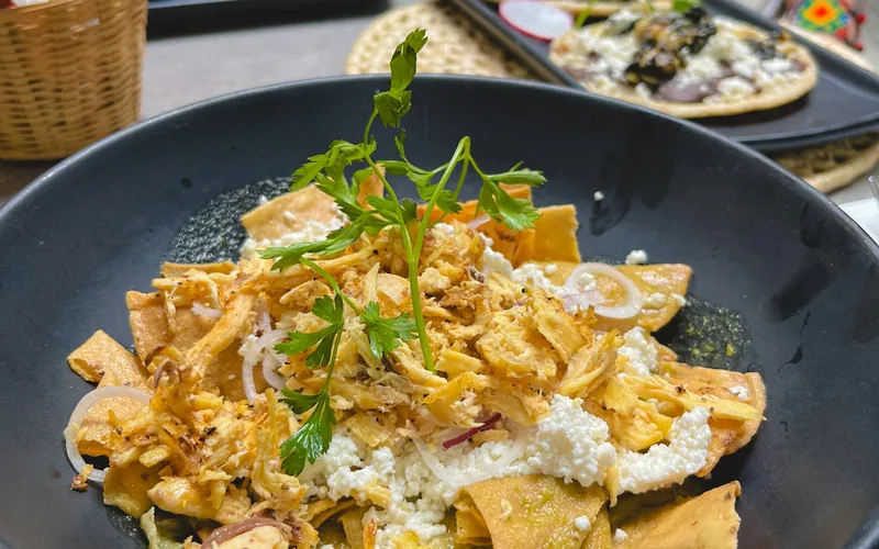 Chicken chilaquiles verdes with salsa-coated tortilla chips, crumbled white cheese, thin red onion and fresh cilantro in a black bowl