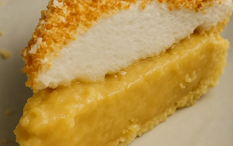 Close-up slice of pie with pale crumb crust, thick golden lemon filling, tall white meringue and a crisp toasted-coconut topping