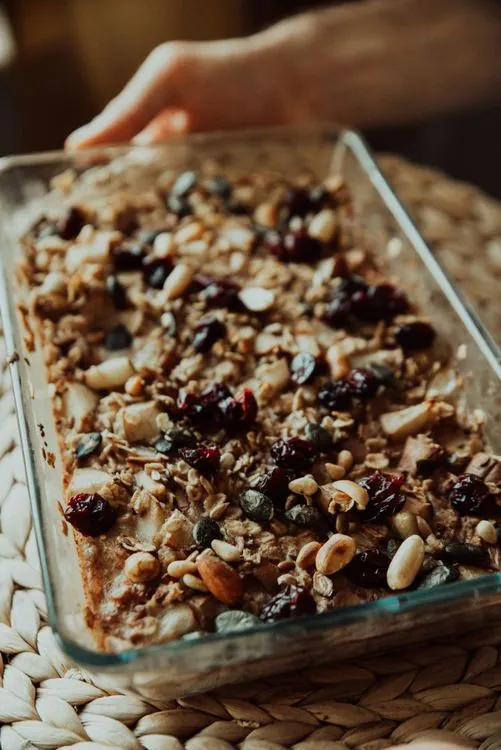 Baked oatmeal with fruit, nuts, and warm spices