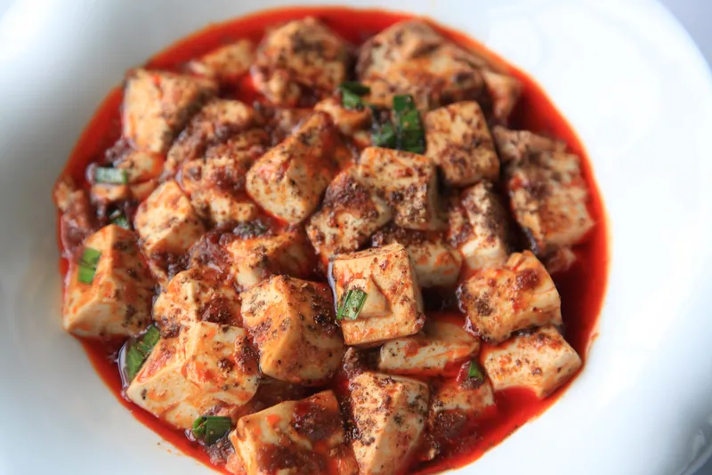 Sichuan-style mapo tofu with cubes of tofu, ground pork, chile oil, scallions and Sichuan pepper
