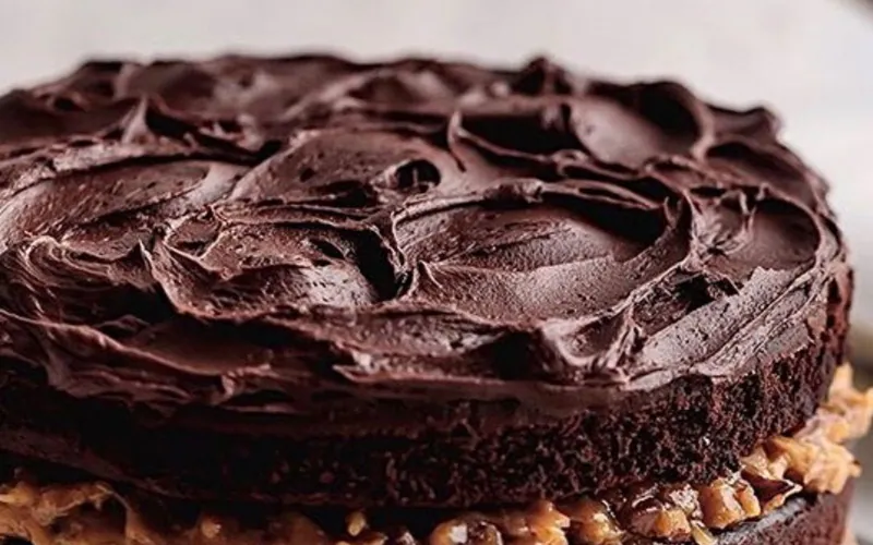 Close view of a tall dark chocolate layer cake with thick swirled ganache on top and toasted walnut filling visible between moist cocoa layers