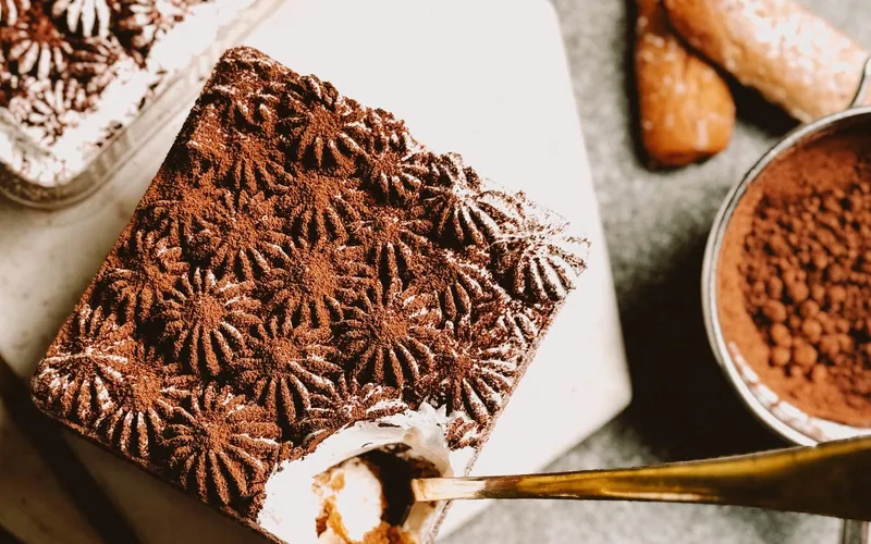 Individual square tiramisu cups layered with espresso-soaked ladyfingers and white mascarpone cream beneath piped cocoa-dusted rosettes