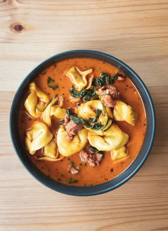 Creamy tomato tortellini soup with sausage and spinach