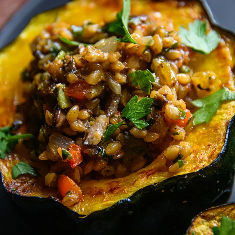 Roasted acorn squash filled with wheat berries, lentils, mushrooms, red pepper, walnuts and fresh parsley